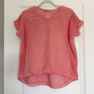 Kaktus 100% Linen Top Medium Coral Pink Made in Italy Short Sleeve Lightweight